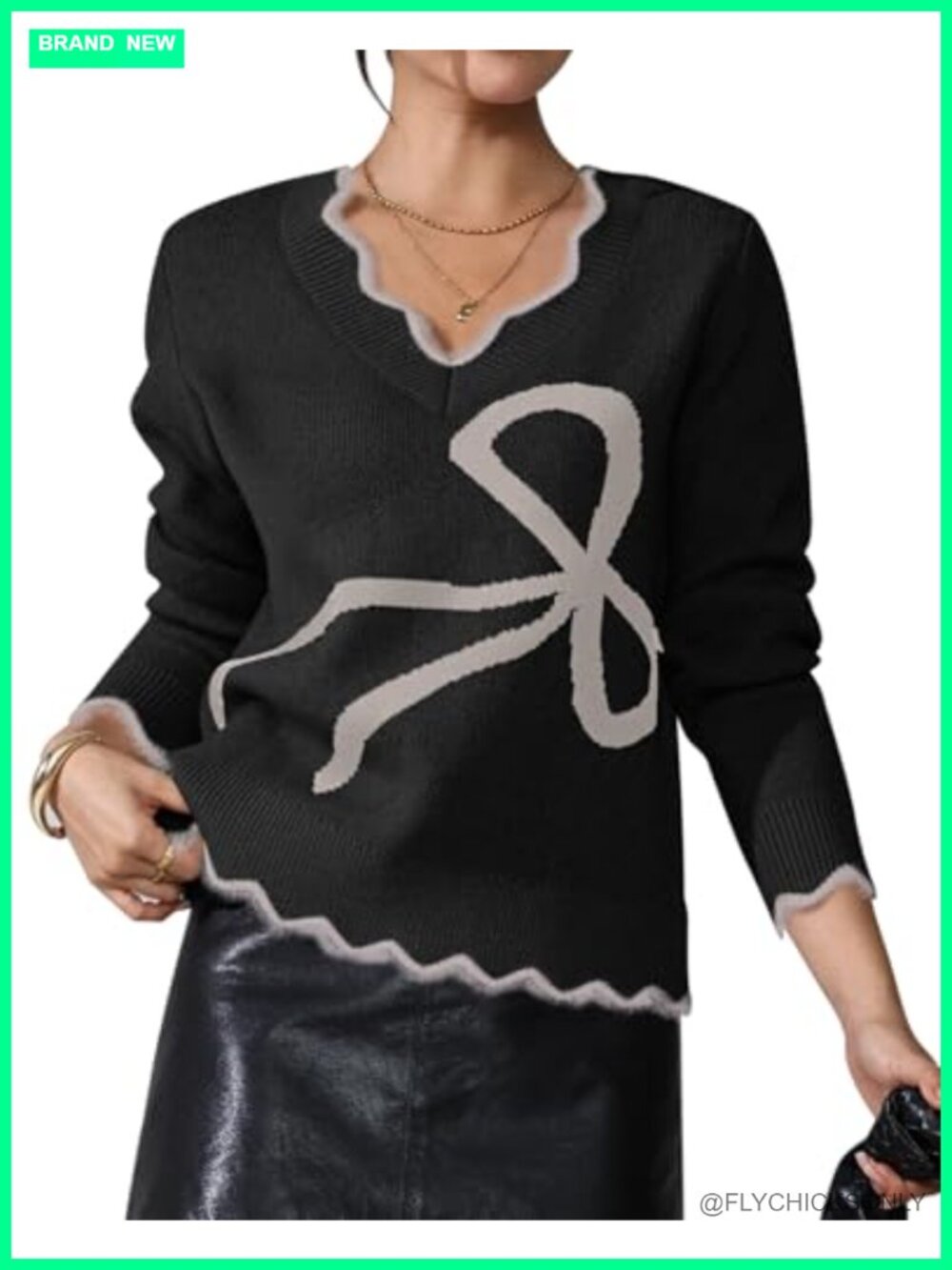Bow Print V Neck Long Sleeve Knit Pullover Sweater